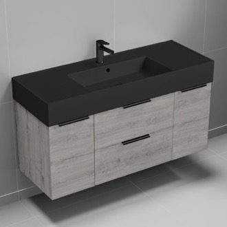 Bathroom Vanity Grey Oak Bathroom Vanity With Black Sink, Wall Mounted, 48